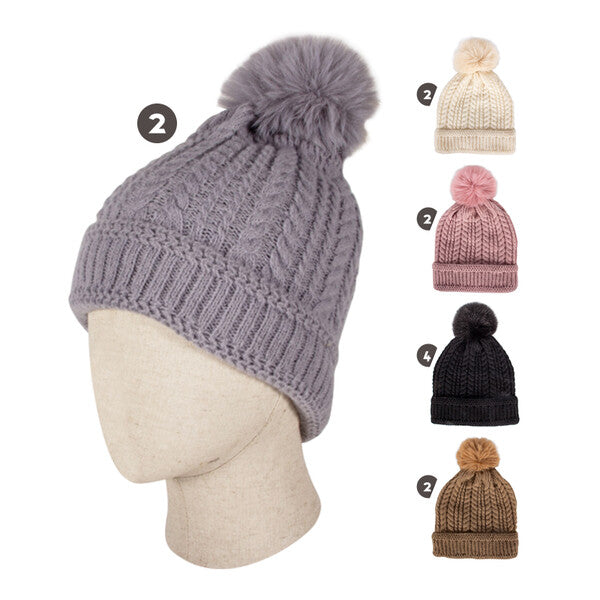 Thermaxxx Ladies Pom Hat w/Fur Lining Knit