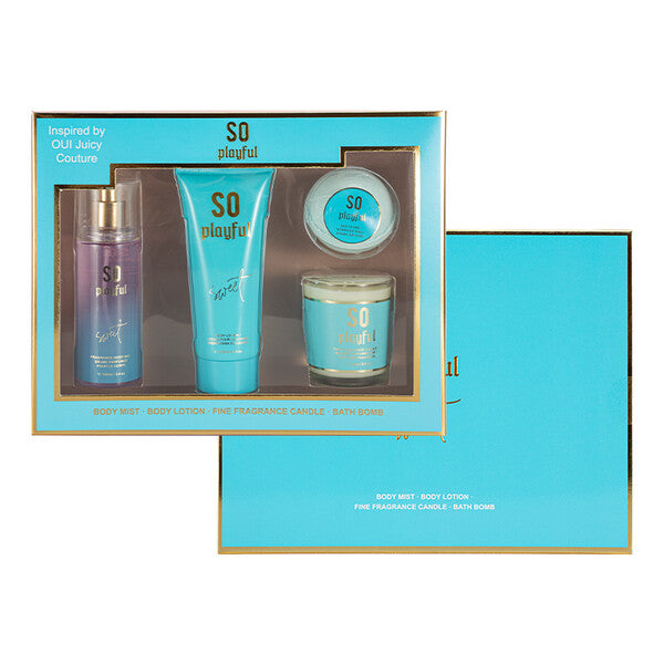 Women's 4pcs Set SO PLAYFUL 3.4fl.oz Body Mist 3.4fl.oz Body Lotion 3oz Candle 2oz Bath Bomb
