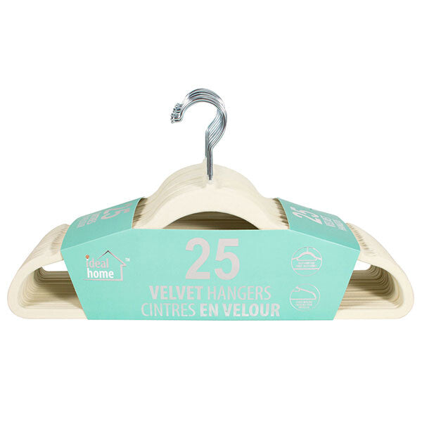 Ideal Home Velvet Hanger 25PK White Silver Hook