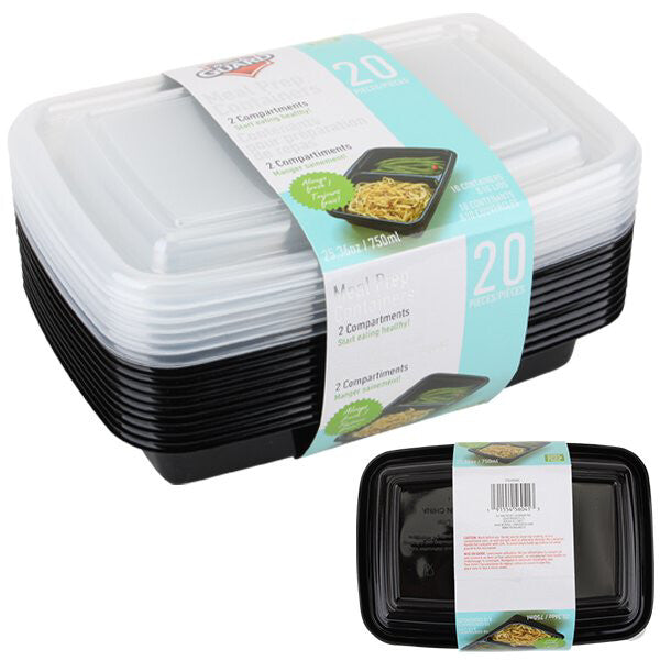 Fresh Guard Plastic Bento Meal Prep Container 20PK 750ml 2 Div