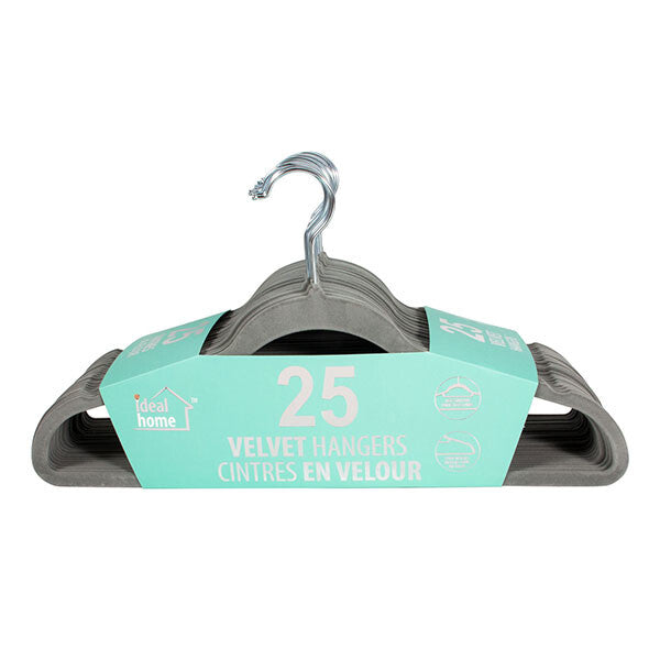 Ideal Home Velvet Hanger 25PK Grey Silver Hook