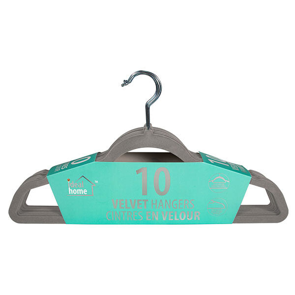 Ideal Home Velvet Hanger 10PK Grey Chrome Hook