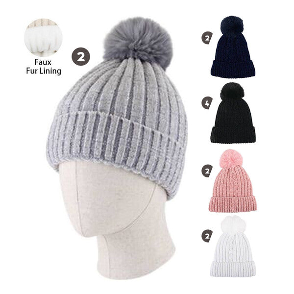 Cindy Claire Ladies Pom Hat w/ Fur lining Chenille