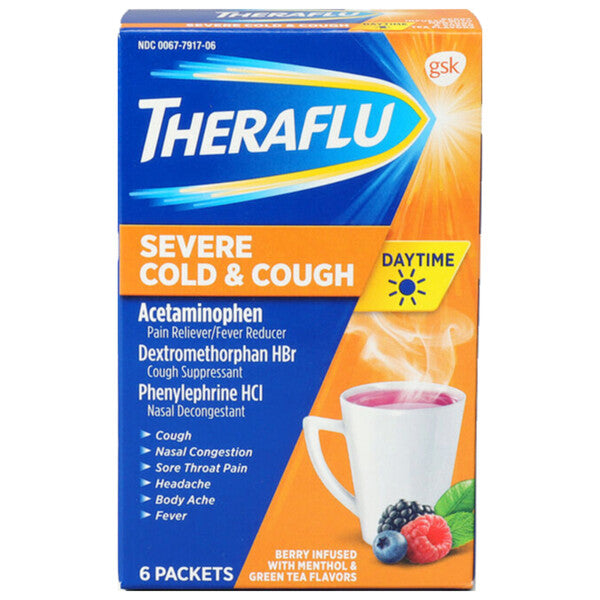 Theraflu Multi-Symptom Severe Cold Green Tea & Honey Lemon flavors 6ct