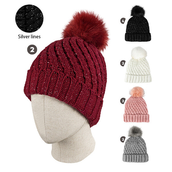 Cindy Claire Ladies Pom Pom Hat w/ Fur lining Twist Knit