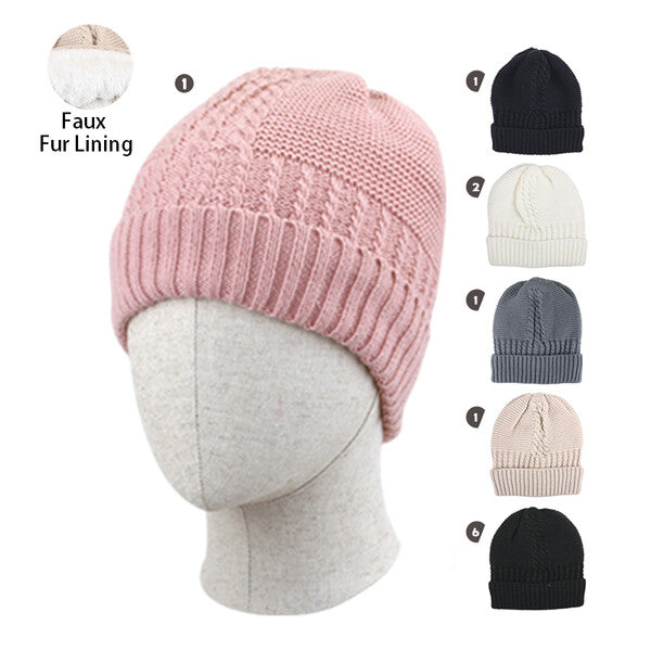 Cindy Claire Ladies Hat w/ Fur Lining Center Cable Knit