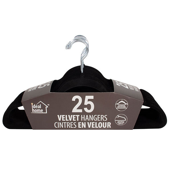 Ideal Home Velvet Hanger 25PK Black Silver Hook