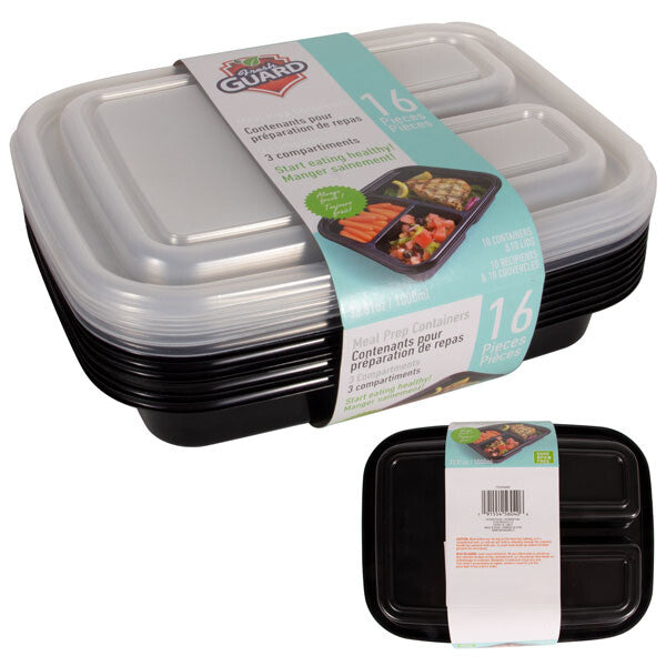 Fresh Guard Plastic Bento Meal Prep Container 16PK 1LT 3 Div