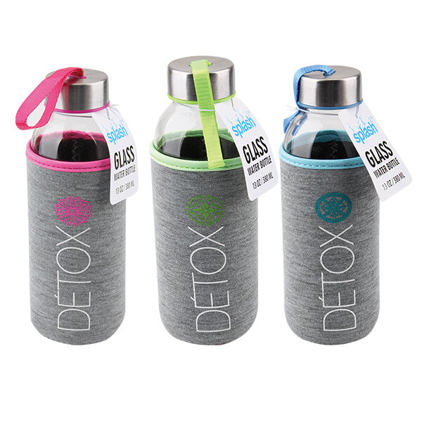 Splash Glass Bottle 12.85oz Sleeve Detox Holder Chrome Top