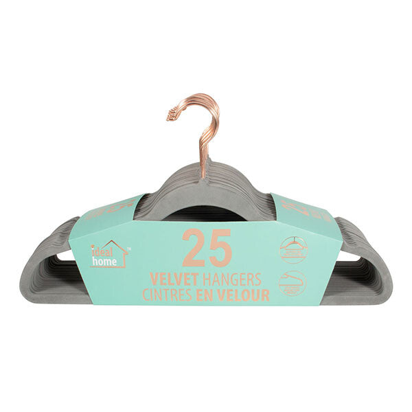 Ideal Home Velvet Hanger 25PK Grey Rose Gold Hook
