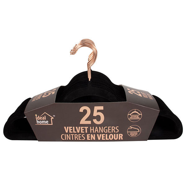 Ideal Home Velvet Hanger 25PK Black Rose Gold Hook