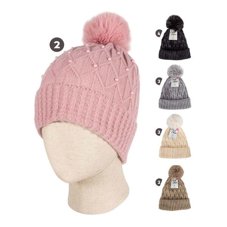 Cindy Claire Ladies Pom Hat w/Fur Lining Knit Pearls